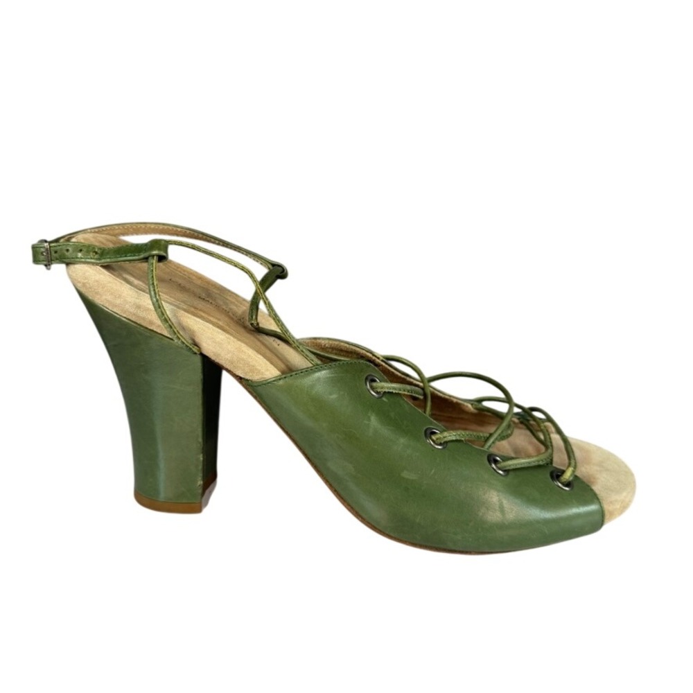 Dries Van Noten Green Leather Lace Up Block Heel Slingback Sandals Size 38 Italy